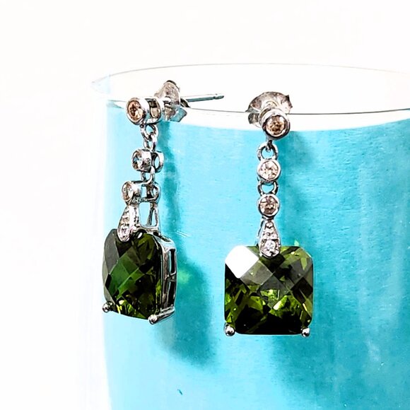 💎🟢 Sterling Silver .925 Green Swarovski Crystals Dangling Drop Earrings - Picture 7 of 11
